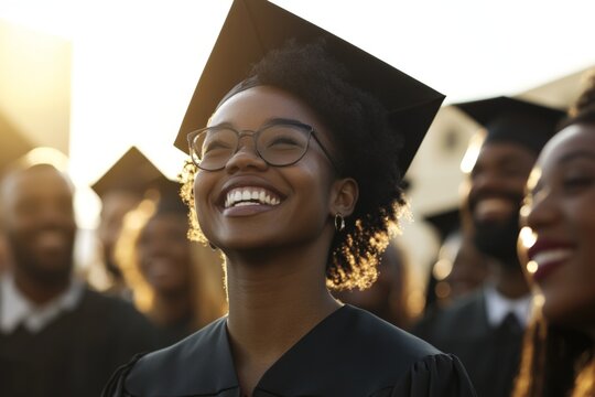 Graduation ceremony with joyful students celebrating their achievements at sunset