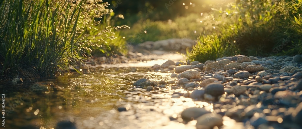 Aufkleber a serene stream flows through pebbles and lush greenery, illuminated by warm sunlight, creating a pe