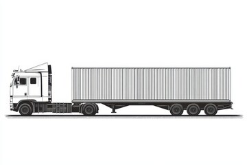 Truck with Container on Trailer Side View Black and White Illustration