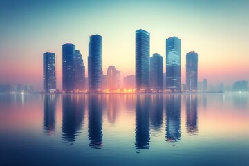 Fototapeta premium Misty sunrise cityscape reflection.