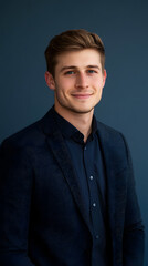 Elegant Portrait of a Gentleman in Navy Suit Against Deep Blue Background vertical 