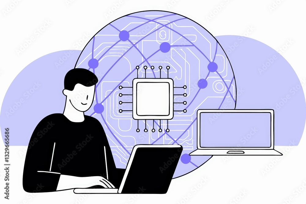Aufkleber a person using a laptop, surrounded by digital technology and circuit designs, highlighting modern c