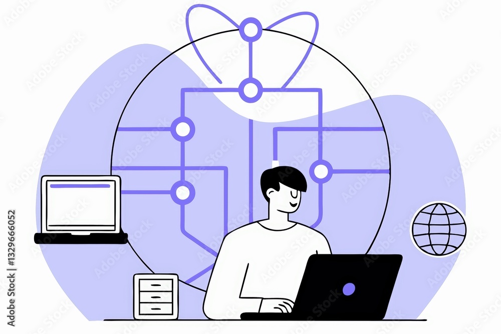 Poster a person working on a laptop with a background of interconnected technology and a globe, symbolizing