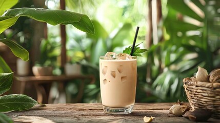 Classic thai village drink served on a rustic table surrounded by natural elements and warm ambient lighting