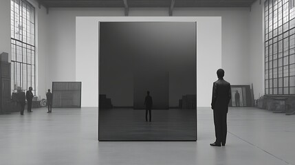 Obraz premium Man Contemplates Large Black Monolithic Artwork In Gallery