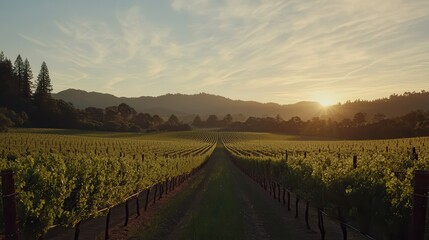 Fototapeta premium Serene Sunset Over Vineyard Rows Golden Hour Landscape