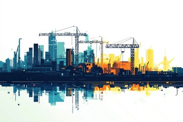Obraz premium Urban Construction Skyline with Cranes and Reflection at Sunset