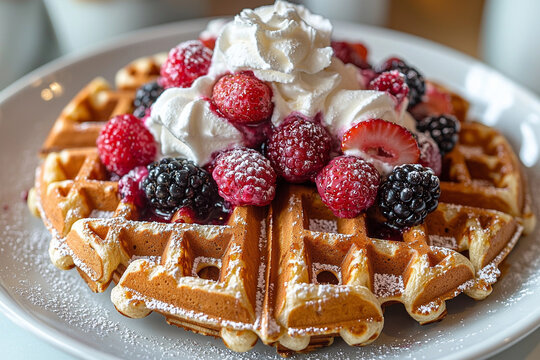 Waffles with mixed berries and whipped cream in a bright, cheerful kitchen - Powered by Adobe