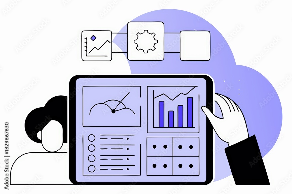 Poster a digital illustration showing a person analyzing data on a tablet, featuring graphs and charts agai