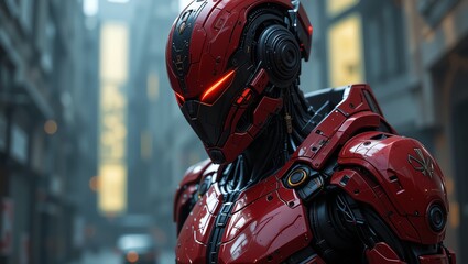 A futuristic red robot with glowing eyes stands in a cityscape, showcasing advanced design and technology in an urban environment.