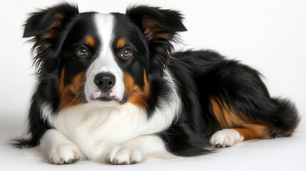 Fototapeta premium A stunning black and white dog laying calmly, showcasing its beautiful fur and expressive eyes. This portrait highlights the tranquility and charm of this loyal companion