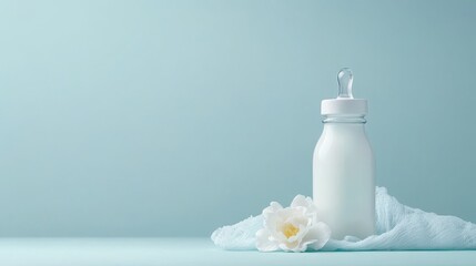 Cute baby bottle with nipple adorable floral setting milk content soft environment peaceful view sweet concept