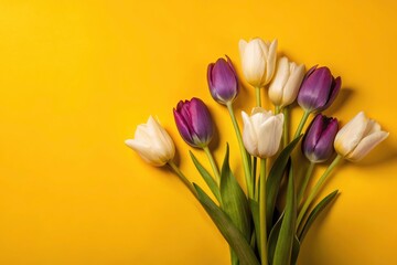 Naklejka premium Minimalist Spring Tulips: Delicate White, Pink & Purple Blooms in Garden