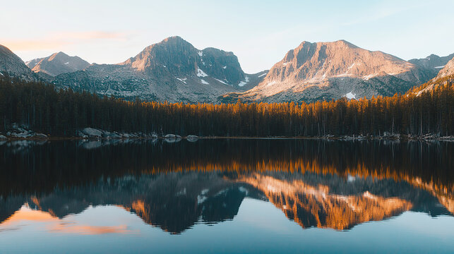 Magnificent mountains and mirror-like lake reflections, ultra-realistic details, vibrant golden hour lighting, ultra-wide 16:9 aspect ratio, simple composition, sharp focus, nature photography