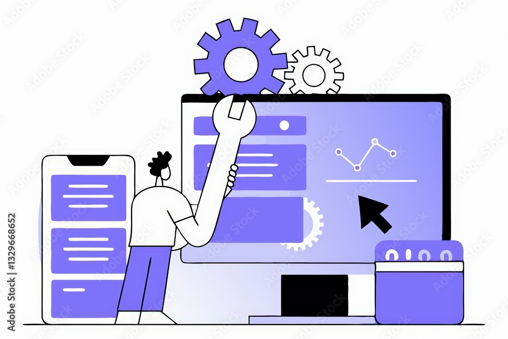 Poster a person is working on a computer, adjusting settings with tools and gears, symbolizing technology a