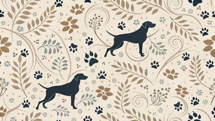 Elegant seamless pattern with dog silhouettes, floral elements, and paw prints, creating charming and playful design suitable for various applications