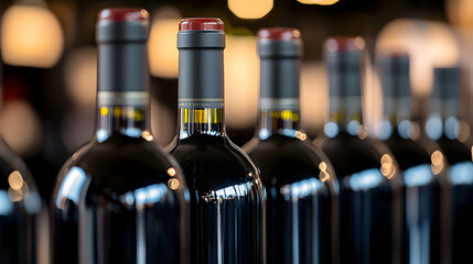 Close-up of a line of wine bottles with even lighting, highlighting the elegant arrangement and glass reflections.
