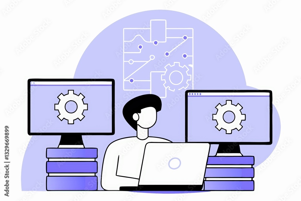 Poster a person working on a laptop surrounded by two monitors, with gears and a diagram in the background,