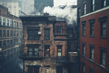 Urban Residential Building Amidst Fog and Steam in City Landscape