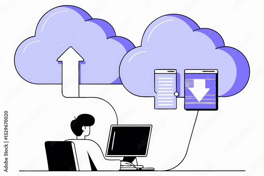 Poster a person at a computer interacts with cloud storage, showcasing data upload and download processes i