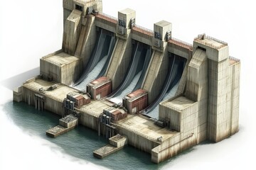 Detailed Concrete Dam Structure with Flowing Water and Gates