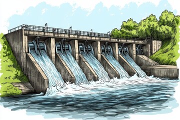 Illustration of a Water Dam with Flowing Water and Green Landscape