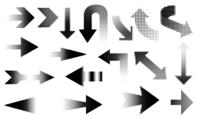 Set of halftone arrows in black and white. Abstract dotted arrow symbols with gradient effects for direction, navigation, infographic elements, and graphic design projects.