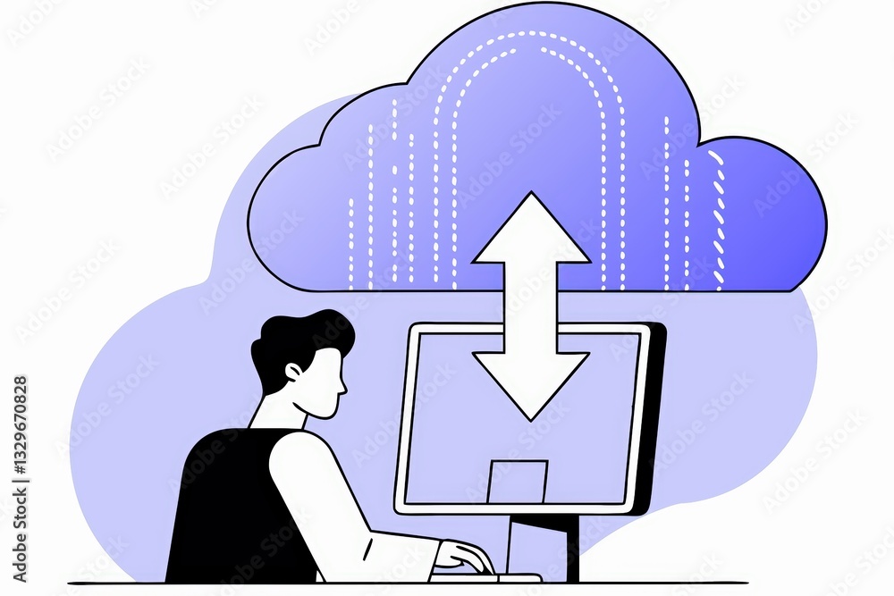 Poster a person uploads data to the cloud using a computer, showcasing the concept of cloud computing and d