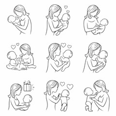 Child care line icon set. Breastfeeding, childhood, parent, pediatrician, toddler, mother, father, Family, icons set. Baby care, thin line design. Motherhood and fatherhood, linear symbols collection.