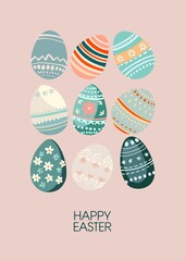 Happy Easter! Cute card of isolated cartoon elements, greeting infographics, pastel backgrounds. Digital illustration in flat style