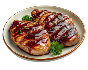 Grilled duck breast served on plate with rich berry sauce and garnished with parsley. This dish showcases delicious blend of flavors and textures