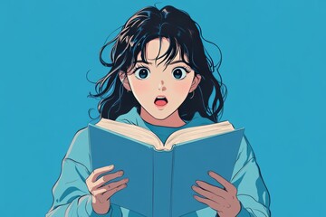 anime style, female teenage student reading a book and showing an expression of surprise 