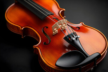 Fototapeta premium Polished wood violin, strings, bridge, and tailpiece against a dark background. Intricate details