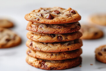 Stack of chocolate chip cookies on a rustic wooden cutting board, surrounded by crumbs and a scattering of sugar granules.