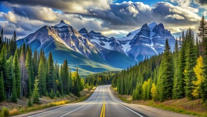 A Scenic Mountain Road Journey Through A Vibrant Evergreen Forest Towards Majestic Snow-capped Peaks Under A Dramatic Sky With Bright Sunlight