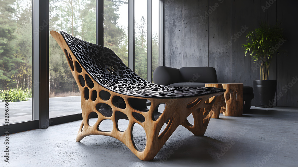 Aufkleber sleek modern wooden chair with fractal-based design elements creating a unique and eye-catching piec
