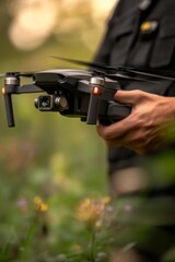 Close-up of a person holding a drone outdoors.