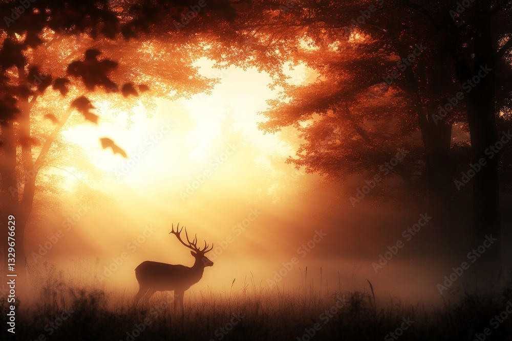 Poster serene deer stands in misty forest during golden hour with sun rays filtering through trees