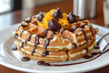 Waffles with orange zest and chocolate drizzle in a stylish, modern kitchen
