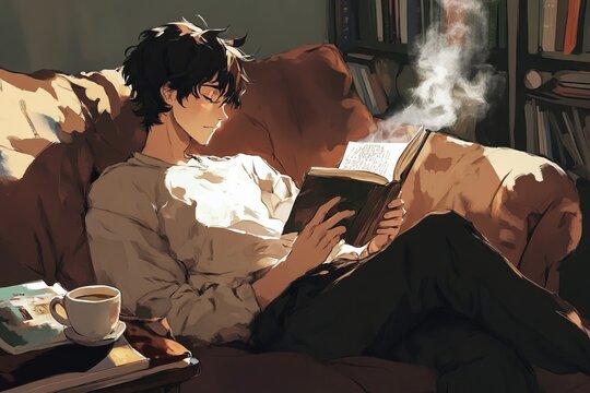 anime style man on a cozy couch reading a book, a cup of steaming coffee is on the table next to him