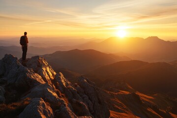 Hiker enjoying a vibrant sunset view from a mountain peak in the early evening