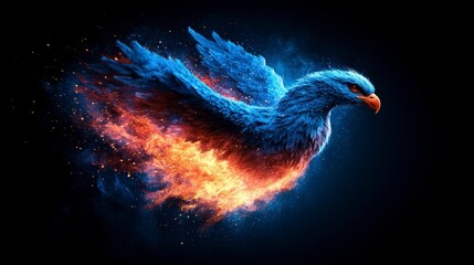 Fototapeta premium A majestic phoenix taking flight, surrounded by vibrant flames and ethereal blue feathers against a dark backdrop.