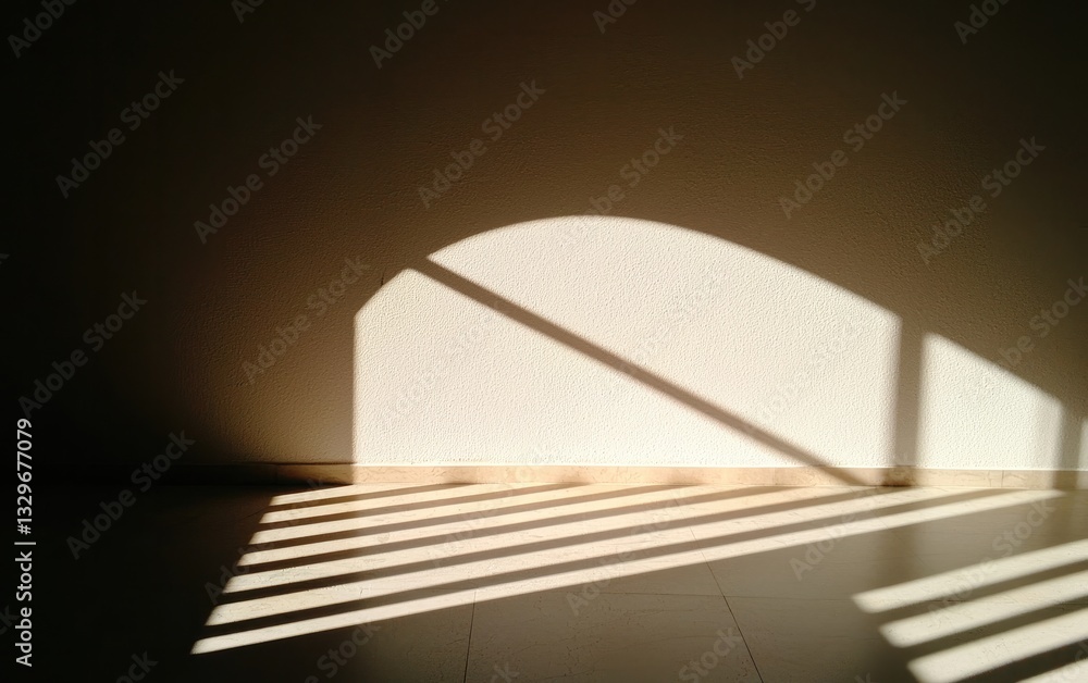 Poster Light And Shadow From Window Creates Arch On Textured Wall With Parallel Lines Across Floor