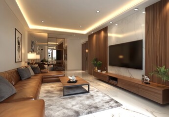 Modern living room with leather sofa, marble wall, and wooden accents.