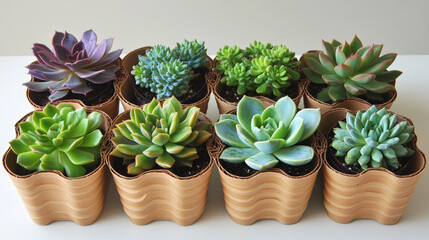 Fototapeta premium variety of succulents in small cardboard pots displayed on white surface