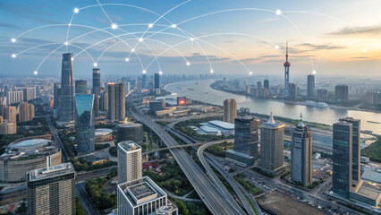 A futuristic city skyline with digital overlays representing smart communication, AI-driven urban planning, and technological growth.