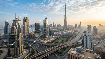 A technologically advanced metropolis with smart city networks visualized through digital data connections.