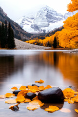 Serene autumn lake reflecting snowy mountains