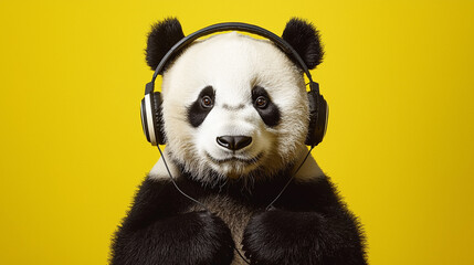 Fototapeta premium Adorable panda bear listening to music with headphones on yellow background fun art cute cute wild
