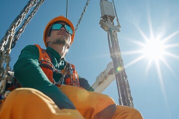 Construction Worker in Safety Gear with Sunlight in Background